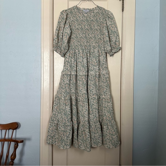 Polagram Dress Floral Green Maxi Smocked Bodice Three Tiered RuffleS Size M - Picture 2 of 15